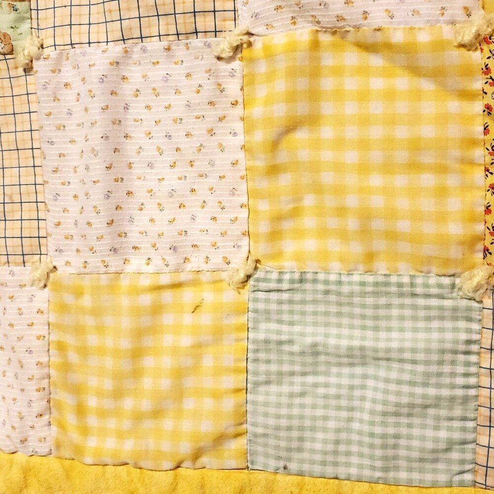 VTG Quilted Patchwork Baby Crib Blanket Yellow & Cute Cat Design 51" x 45" - Picture 8 of 10